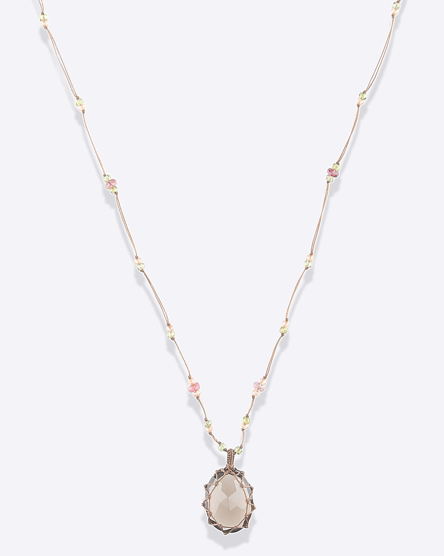 Collier long Tibétain cordon tabac pierre Smoky Quartz Sharing. Détail du fil.
