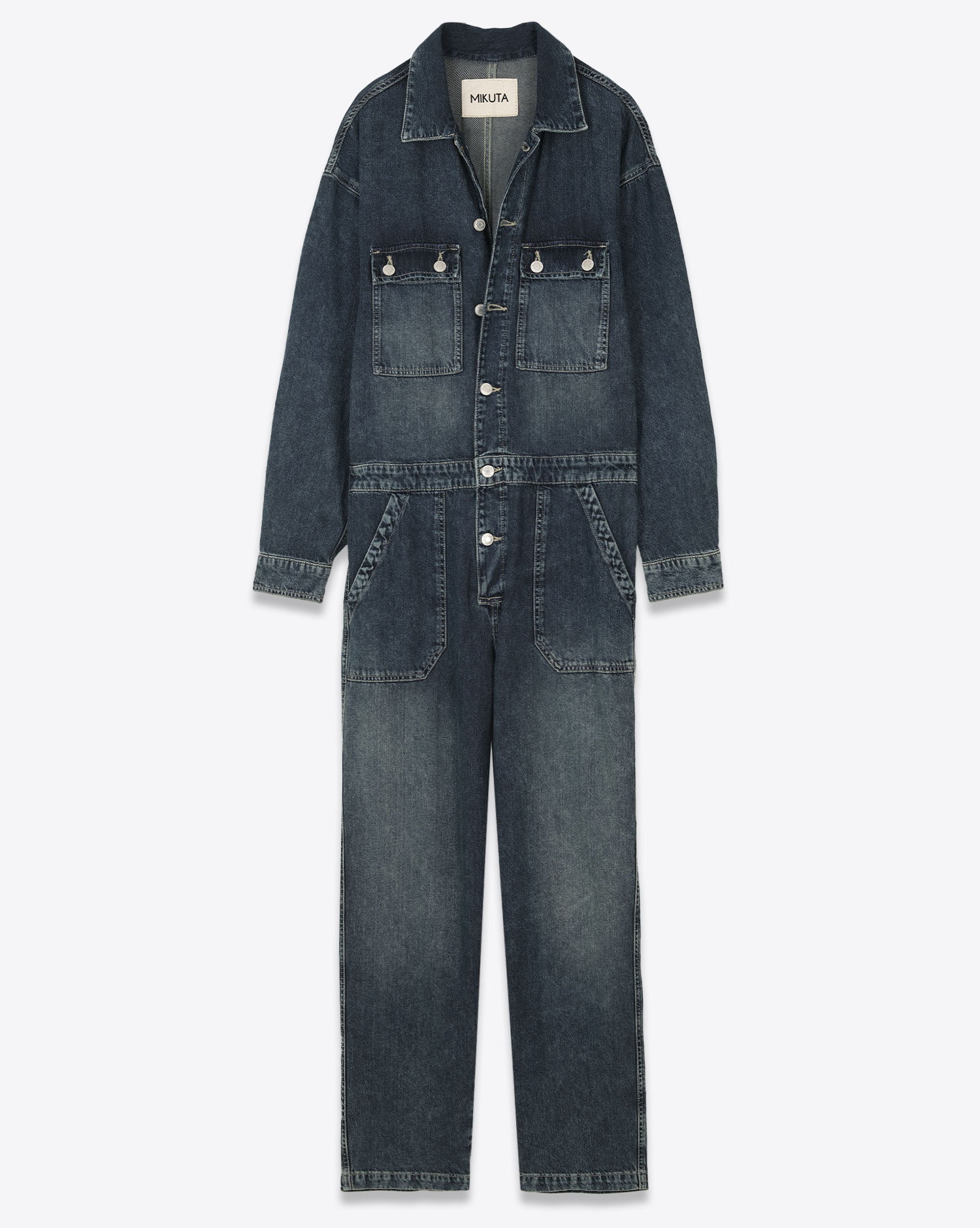 Produit Combinaison manches longues Mikuta en denim bleu. Vue face.