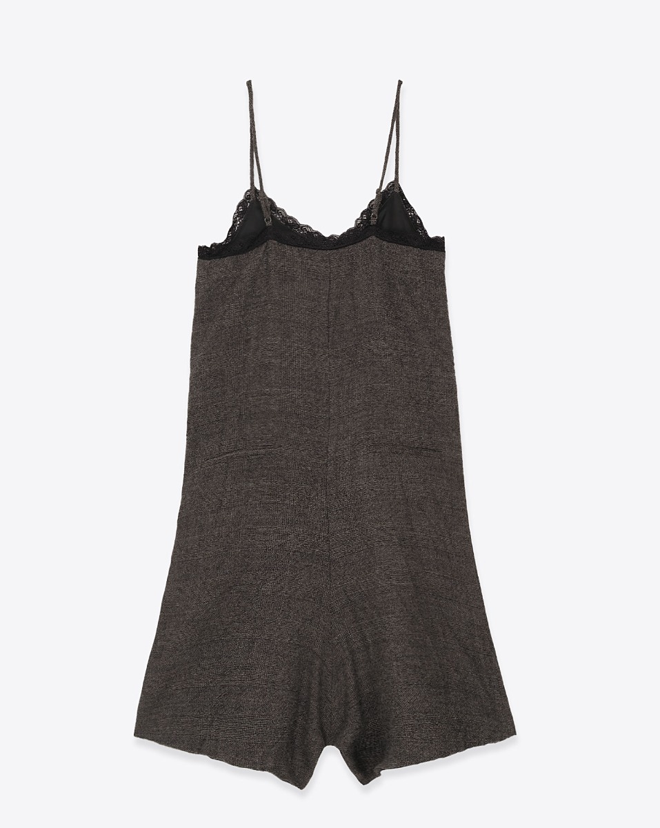 Combinaison fines bretelles Lace Trimmed Roper R13 en laine Prince de Galles froissée grise et noire. Vue de dos.