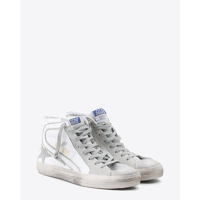 Golden Goose homme Sneakers montantes en cuir blanc Slide White Leather. Face.   