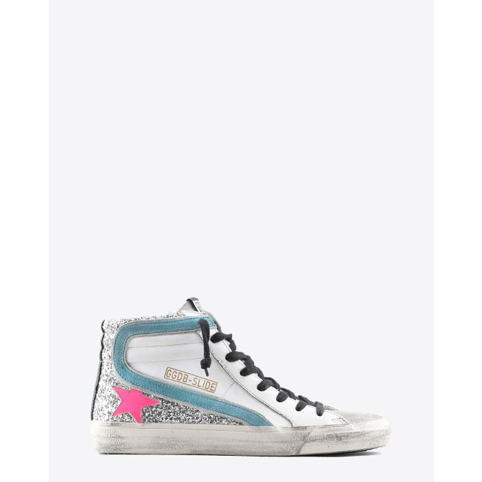 Golden Goose Woman Pré-Collection Sneakers Slide - White Leather - Silver Glitter - Fuxia Star  