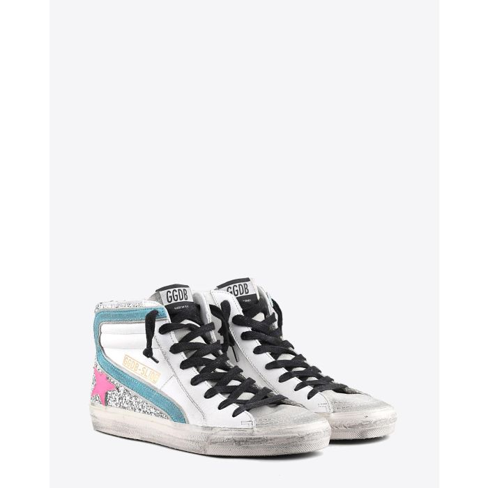 Golden Goose Woman Pré-Collection Sneakers Slide - White Leather - Silver Glitter - Fuxia Star  