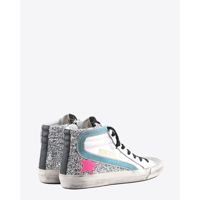 Golden Goose Woman Pré-Collection Sneakers Slide - White Leather - Silver Glitter - Fuxia Star  
