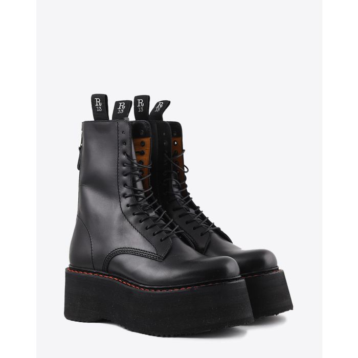 R13 Denim Permanent  Double Stacked Lace Up Boots - Black  