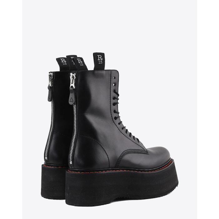 R13 Denim Permanent  Double Stacked Lace Up Boots - Black  