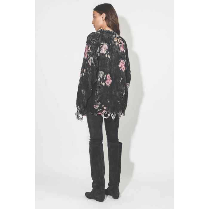 R13 Denim Distressed Oversized Sweater - Floral On Black