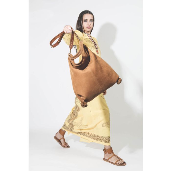 Robe longue manches longues en voile de coton jaune imprimé et brodé Alix of Bohemian.  
