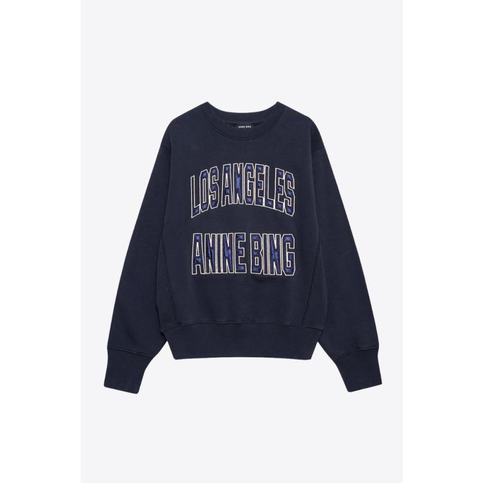 Sweatshirt Harry Shrunken Anine Bing en coton noir délavé, logo Los Angeles Anine Bing en satin bleu. Vue de face.