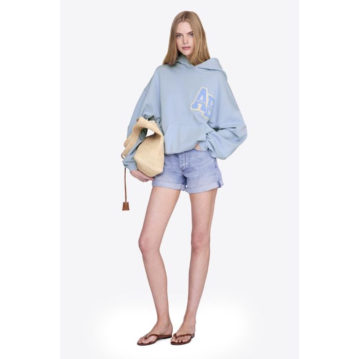 Sweat-shirt à capuche Harvey Letterman Anine Bing en coton bleu clair logo « AB » en chenille ton sur ton porté de face.