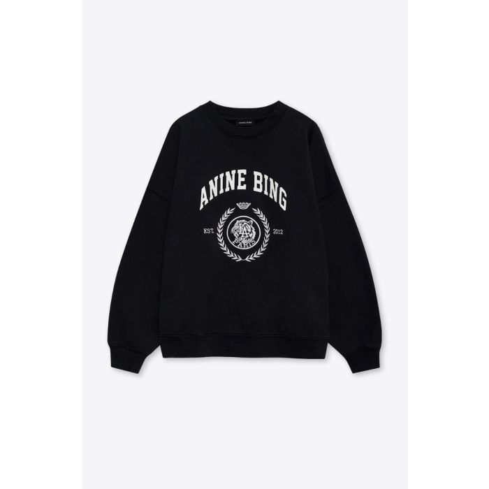 Sweatshirt Miles Collegiate Anine Bing en coton vintage black, sérigraphie blanche brodée collège sur le devant. Vu de face.