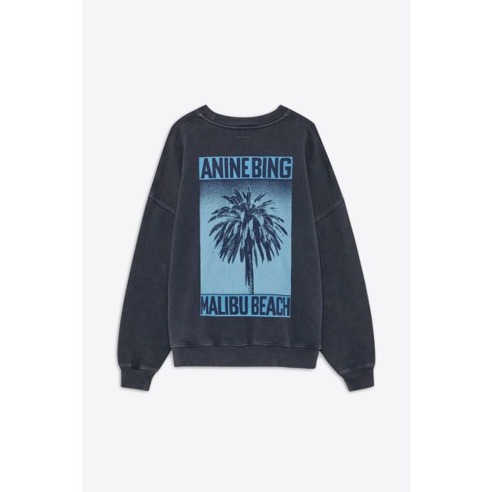 Sweatshirt Miles Palm Anine Bing en coton noir délavé sérigraphier palmier bleu dans le dos, logo « ANINE BING » sur le poitrine vue de dos.