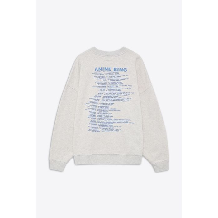 Sweat-shirt Miles Wave Anine Bing en coton gris clair chiné sérigraphie bleue vue de dos. 