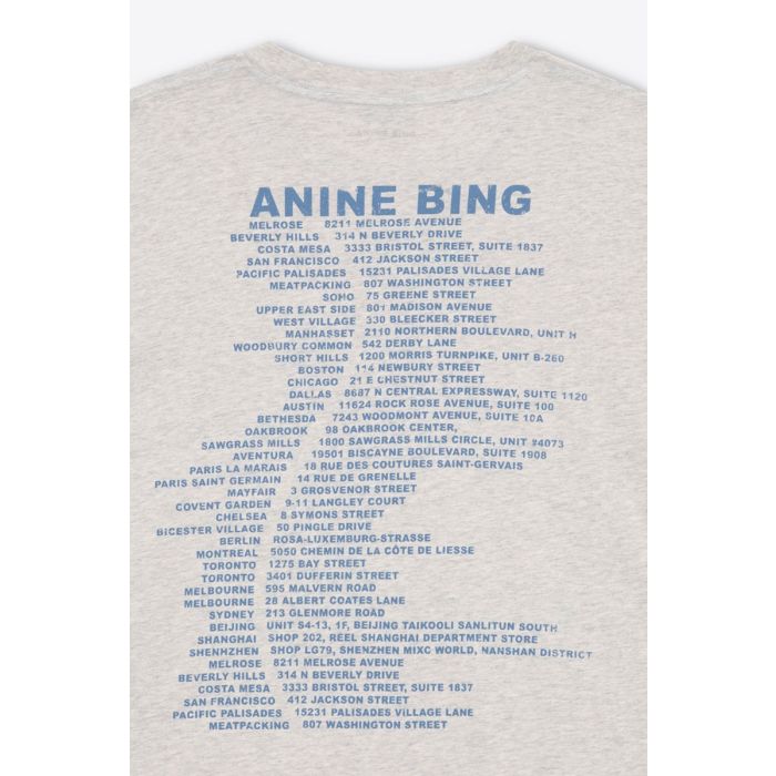 Tee-shirt Cade Wave Anine Bing en jersey gris clair chiné et logo stylisé Anine Bing bleu sur le poitrine. Détail de la sérigraphie bleu dans le dos. Adresses des boutiques Anine Bing dans le monde.