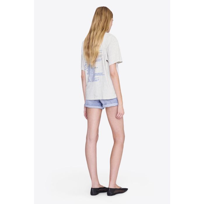Tee-shirt Cade Wave Anine Bing en jersey gris clair chiné et logo stylisé Anine Bing bleu sur le poitrine et sérigraphie bleu dans le dos porté de profil dos.