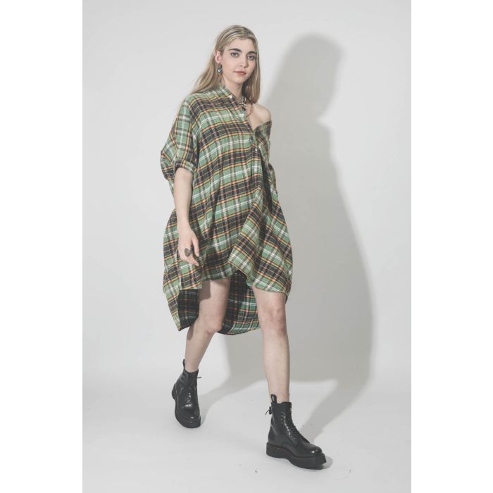 Robe à carreaux Plaid Oversized Boxy shirtdress green plaid R13. Profil.