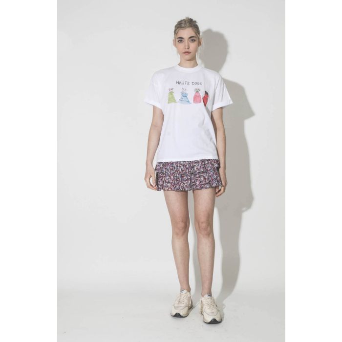 Tee-shirt en coton blanc message humoristique Haute Dogs Unifortunate Portrait. Porté face.