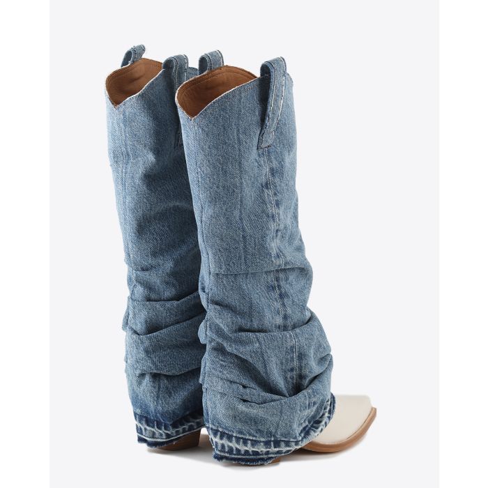 Bottes santiags cowboy en cuir blanc et denim r13. Dos. 