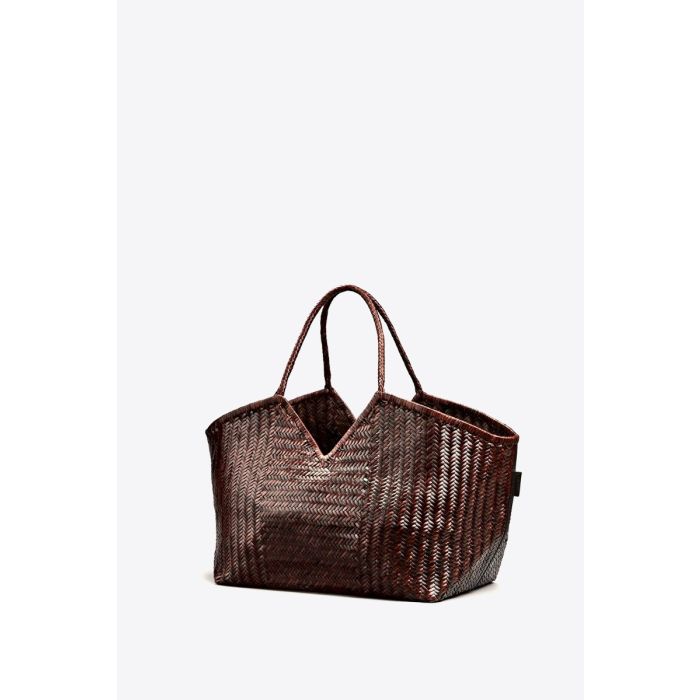 Sac cabas Humi XL Cala Jade en cuir tressé Umber (marron très foncé). Vue de profil.
