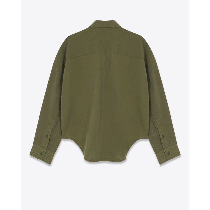 Chemise utilitaire courte Denimist en coton vert olive. Vue de dos. 