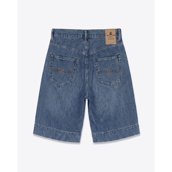 Short en jean long Keaton Relaxed Denimist en denim bleu foncé délavage « Shane Indigo », vu de dos.