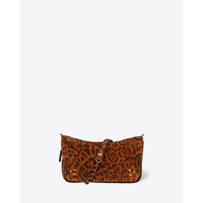 Sac Bobi S Jérôme Dreyfuss en cuir suédé imprimé à motif de chat sauvage. Détail de la chaîne tressée de cuir.