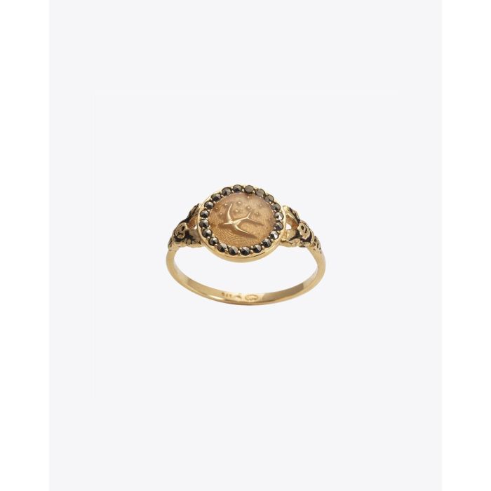 Feidt Bague Médaille Ronde Oiseau 9 Carats Entourage Saphir Gris et Résine