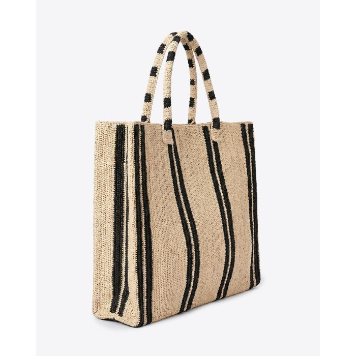 Grand Cabas Raffia Weekender Vacation Road Gabriele Frantzen en raphia rayé écru et noir, vu de profil.