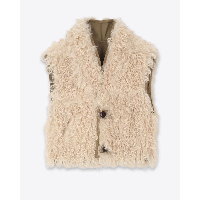 Gilet sans manches réversible Clara Isabel Marant Etoile en fausse fourrure effet mouton retourné taupe. Vue côté fausse fourrure écrue.