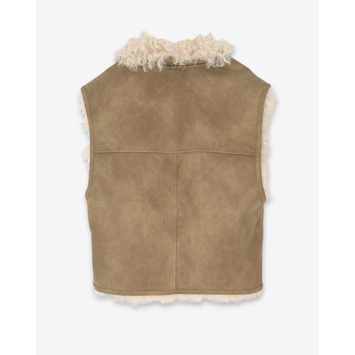 Gilet sans manches réversible Clara Isabel Marant Etoile en fausse fourrure effet mouton retourné taupe. Vue de dos.