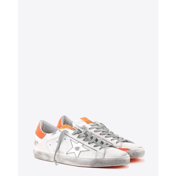 Golden Goose Homme Sneakers Superstar - White Leather - Metallic Silver Star - Orange Fluo