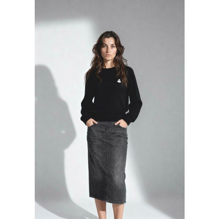 Jupe Kim Haikure en denim gris foncé. Portée de face.