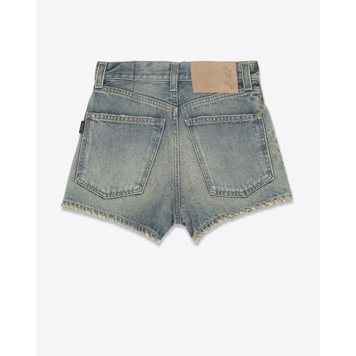 Short court Brit Haikure en denim bleu délavage Earth Blue. Vue de dos.