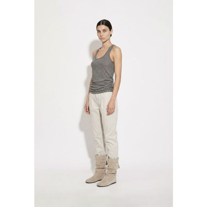 Débardeur Théa Isabel Marant Etoile à rayures noires et blanches en coton et lin, porté de profil.