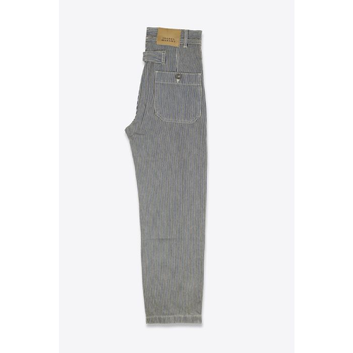 Jean Ermina Isabel Marant Etoile à rayures bleu et écru esprit worker vue de profil.