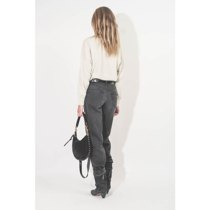 Pull Marisans Isabel Marant Etoile en coton et laine gris clair logo noir. Porté de dos;