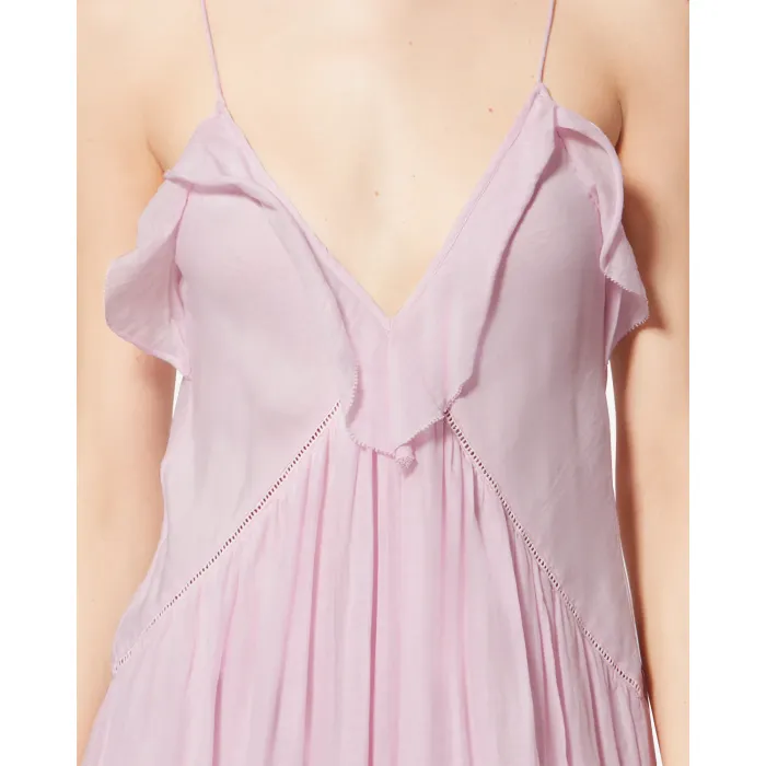 Robe longue à fines bretelles Vasma Isabel Marant Etoile en voile de coton rose pâle. Détail du décolleté profond.