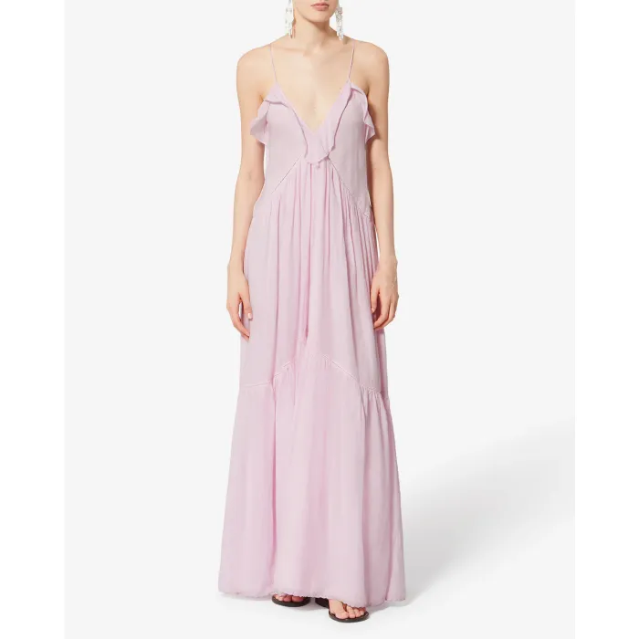 Robe longue à fines bretelles Vasma Isabel Marant Etoile en voile de coton rose pâle, porté de face.
