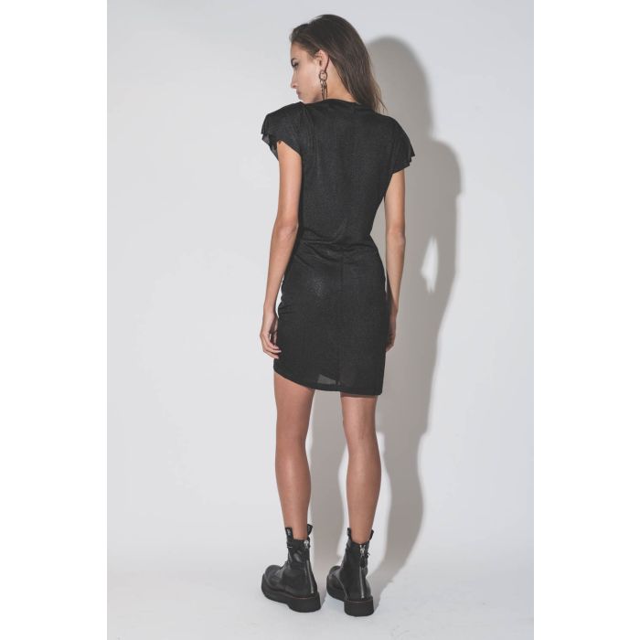 Mini-robe drapée manches courtes avec épaulettes amovibles en jersey noir brillant Nadilia Isabel Marant Etoile. Porté de dos.