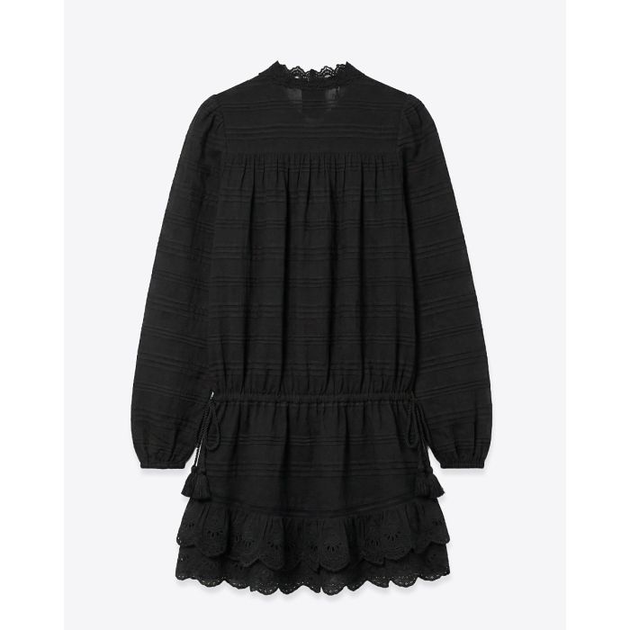 Robe courte manches longues Preya Isabel Marant Etoile en voile de coton et dentelle noire, vue de dos.