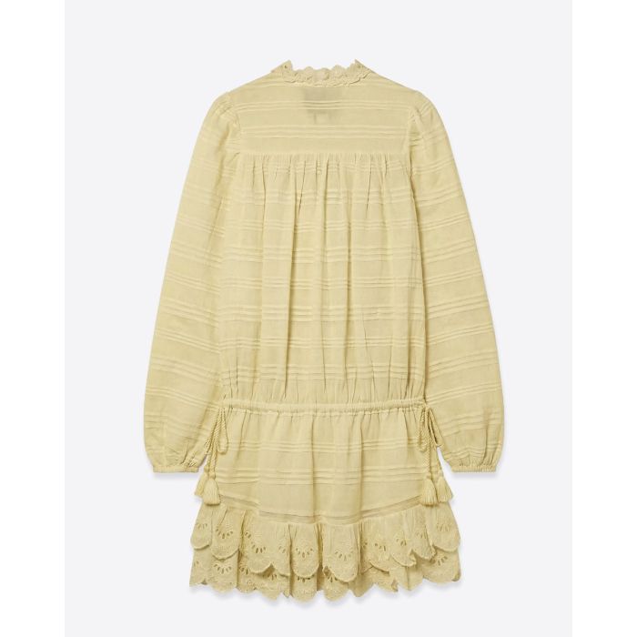 Robe courte manches longues Preya Isabel Marant Etoile en voile de coton ocre clair et dentelle, vue de dos.
