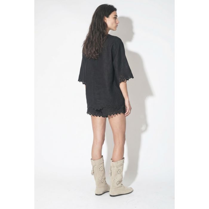 Short Balyme Isabel Marant Étoile en coton noir à broderies anglaises ajourées porté de dos.
