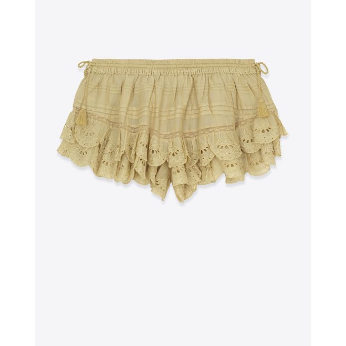 Short Puria Isabel Marant Etoile en voile de coton et en dentelle ocre. Vue de dos.