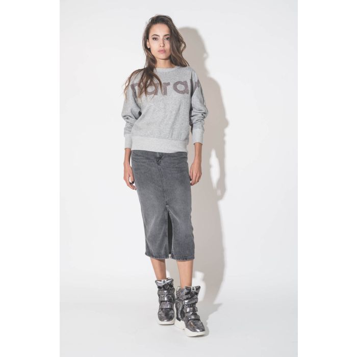 Sweatshirt manches chauve-souris logo Marant à paillettes gris chiné Houston Isabel Marant Etoile. Porté de face.