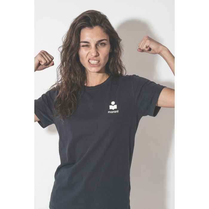 Tee-shirt Aby Isabel Marant Etoile en coton marine foncé et petit logo poitrine brodé écru vue de face.