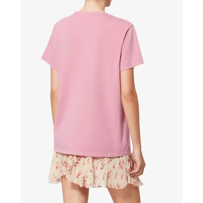 T-shirt droit à manches courtes en coton rose Bubblegum Aby Isabel Marant Etoile. Logo bordeaux sur le poitrine. Porté de dos.