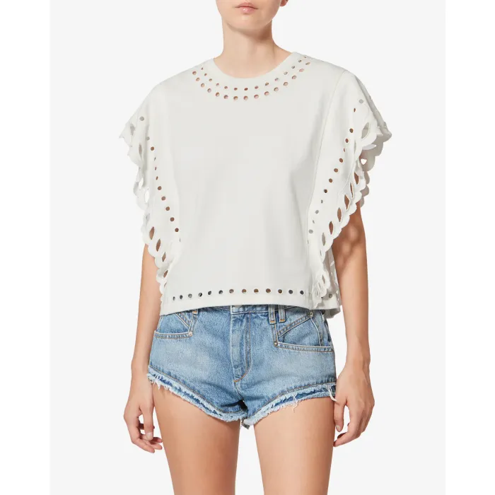 Tee-shirt court Odyle Isabel Marant Etoile en coton brodé écru, porté de face.