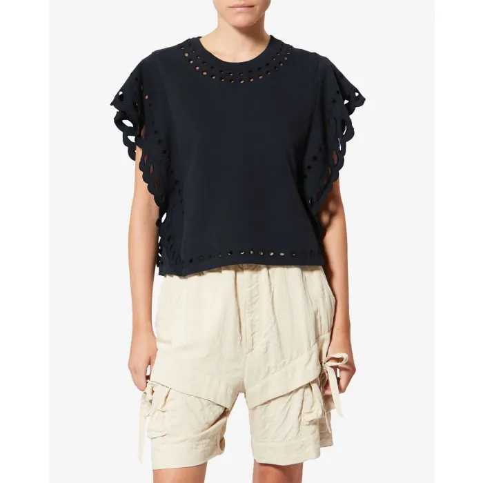T-shirt court Odyle Isabel Marant Etoile en coton brodé noir, porté de face.