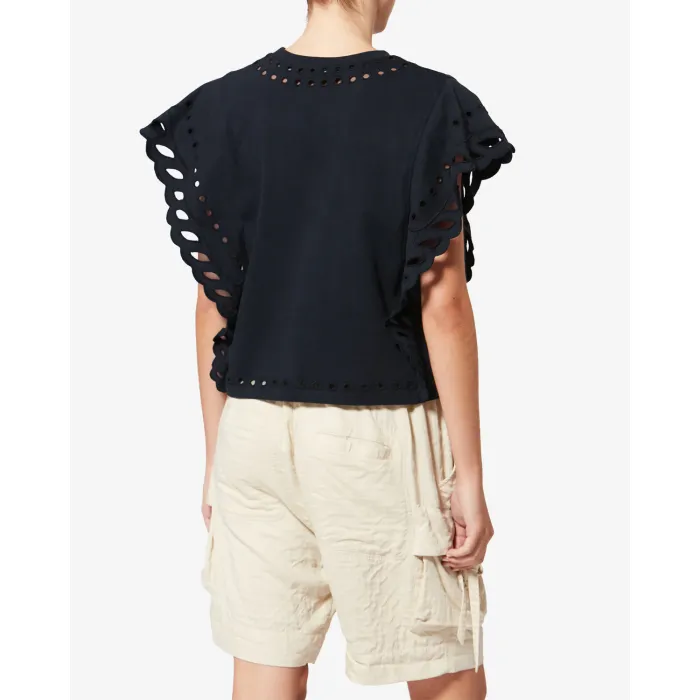 T-shirt court Odyle Isabel Marant Etoile en coton brodé noir, porté de dos.