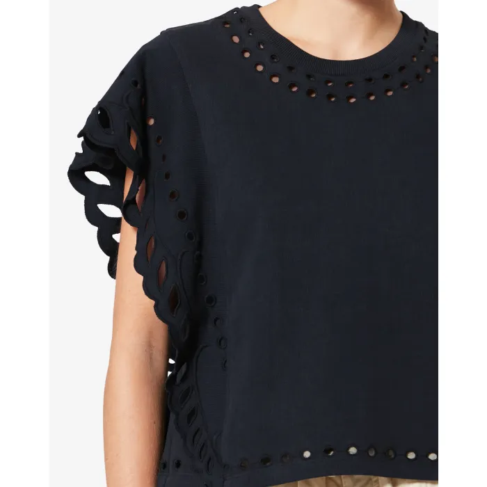 T-shirt court Odyle Isabel Marant Etoile en coton brodé noir. Détails des broderies.