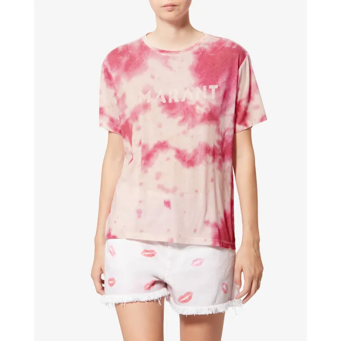 T-Shirt droit à manches courtes Zewel en coton motif tie and dye rose nuage, logo blanc « Marant » imprimé devant, porté de face.